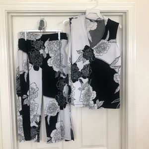 IMAN Black and White Floral Crop Pant with Tank Top Set